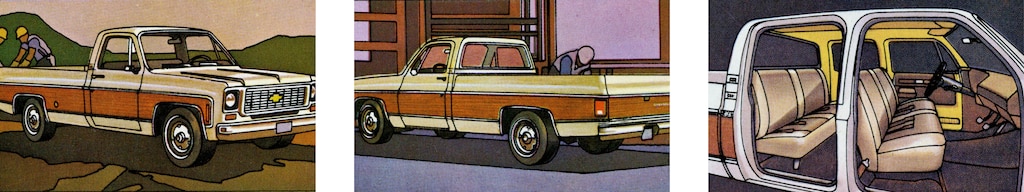 Una foto del folleto de camionetas Chevy del 1973 original con tres vistas de una pickup de la serie C/K en blanco y rojo: una desde el lado del acompañante, una desde el lado del conductor y una sin las puertas mostrando el interior