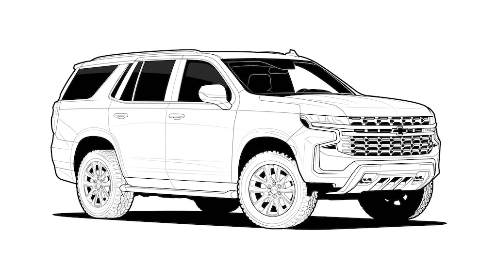 Una ilustración en blanco y negro de una Chevy Tahoe 2021 vista desde el costado, con cuatro "puntos de acceso" en verde para hacer clic y ver más información.