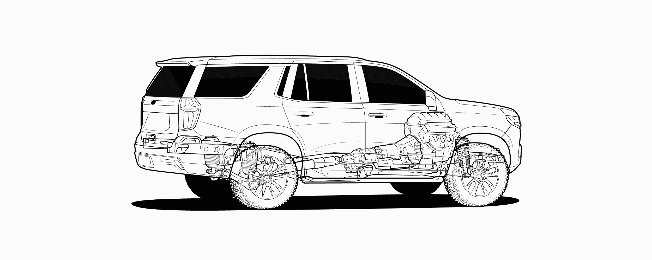 Una ilustración gif animada del chasis, suspensión y tren de transmisión de la Tahoe 2021 que se expanden para mostrar todos sus componentes separados.