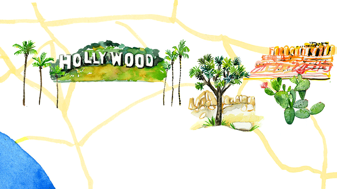Una ilustración gif animada de un Bolt EV en Verde Shock andando por un mapa de California con palmeras, el letrero de Hollywood, acantilados de roca roja y cactus.