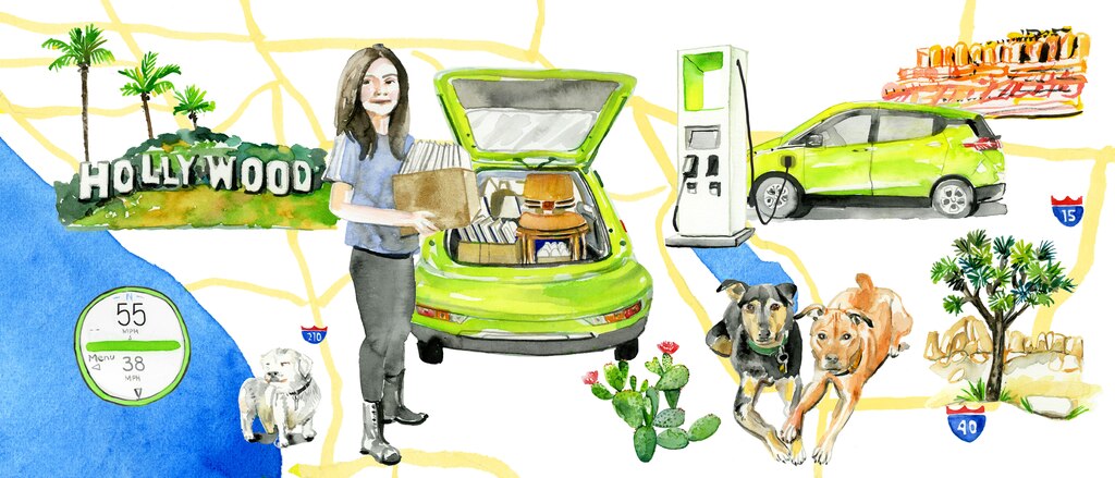 Una ilustración de Nicole Dome superpuesta sobre una ilustración de mapa con su Bolt EV en Verde Shock, sus tres perros, una estación de carga eléctrica y el letrero de Hollywood en el fondo.