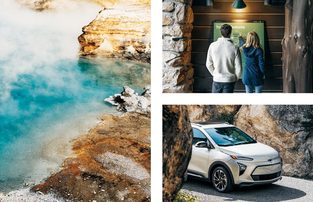 Tres fotos: Una fuente termal colorida en Yellowstone, dos personas leyendo un cartel en el parque y una Bolt EUV blanca emergiendo detrás de una formación de roca en un camino del parque.
