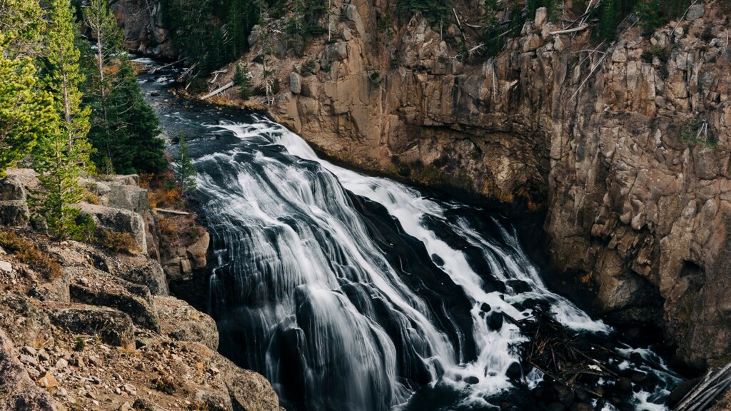 Una cascada de agua fluye por rocas en Yellowstone.