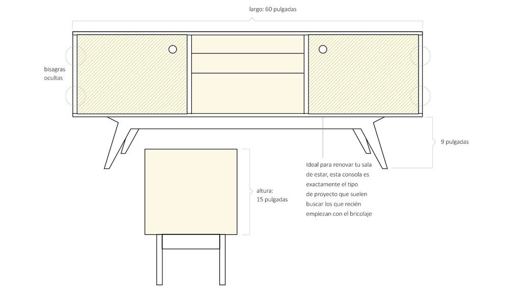 Dibujo de una mesa de consola desde la parte delantera y el extremo, con dimensiones: 60 pulgadas de largo, 15 pulgadas de alto, patas de 9 pulgadas. La leyenda dice "Ideal para renovar tu sala de estar, esta consola es exactamente el tipo de proyecto que suelen buscar los que recién empiezan con el bricolaje".