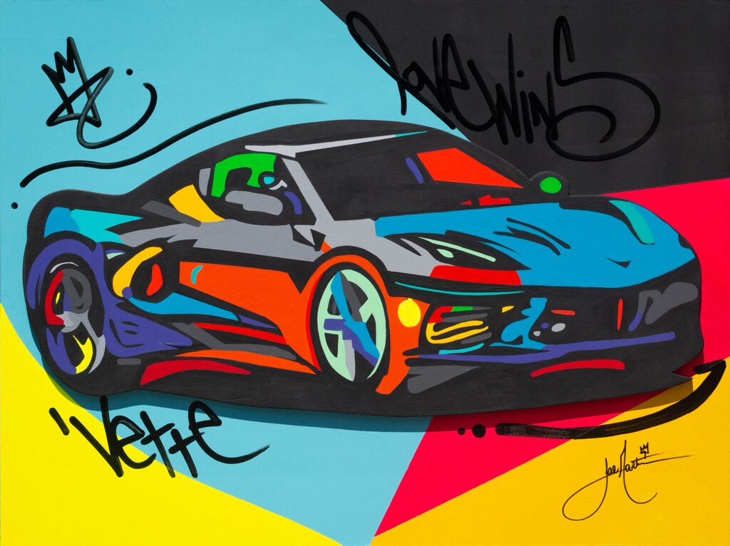 Una ilustración de Corvette con sombras en rojo, negro, azul y amarillo, y la palabra "Vette" escrita a mano en negro en una esquina.