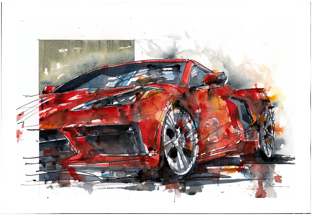 Obra en acuarela de un Corvette rojo.