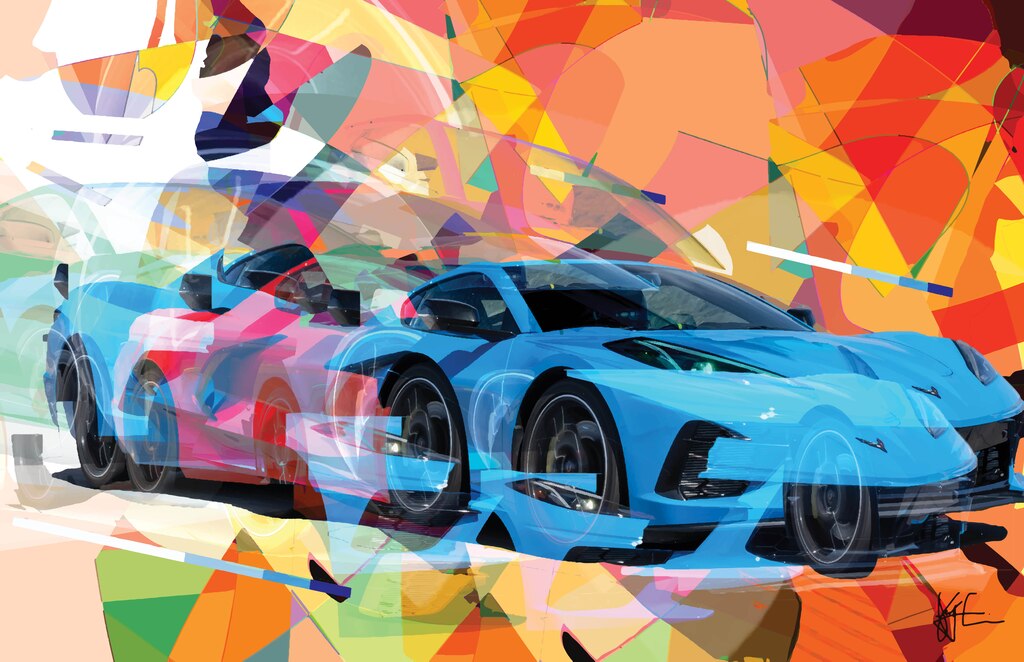 Una ilustración digital de un Corvette azul que se transforma en un Corvette rojo y vuelve a cambiar al azul, con un fondo abstracto de muchos colores, dominado por el naranja y el rojo.