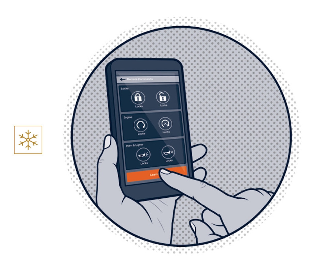 Una ilustración de un smartphone con la aplicación móvil myChevrolet abierta y el ícono de copo de nieve (invierno) al lado.