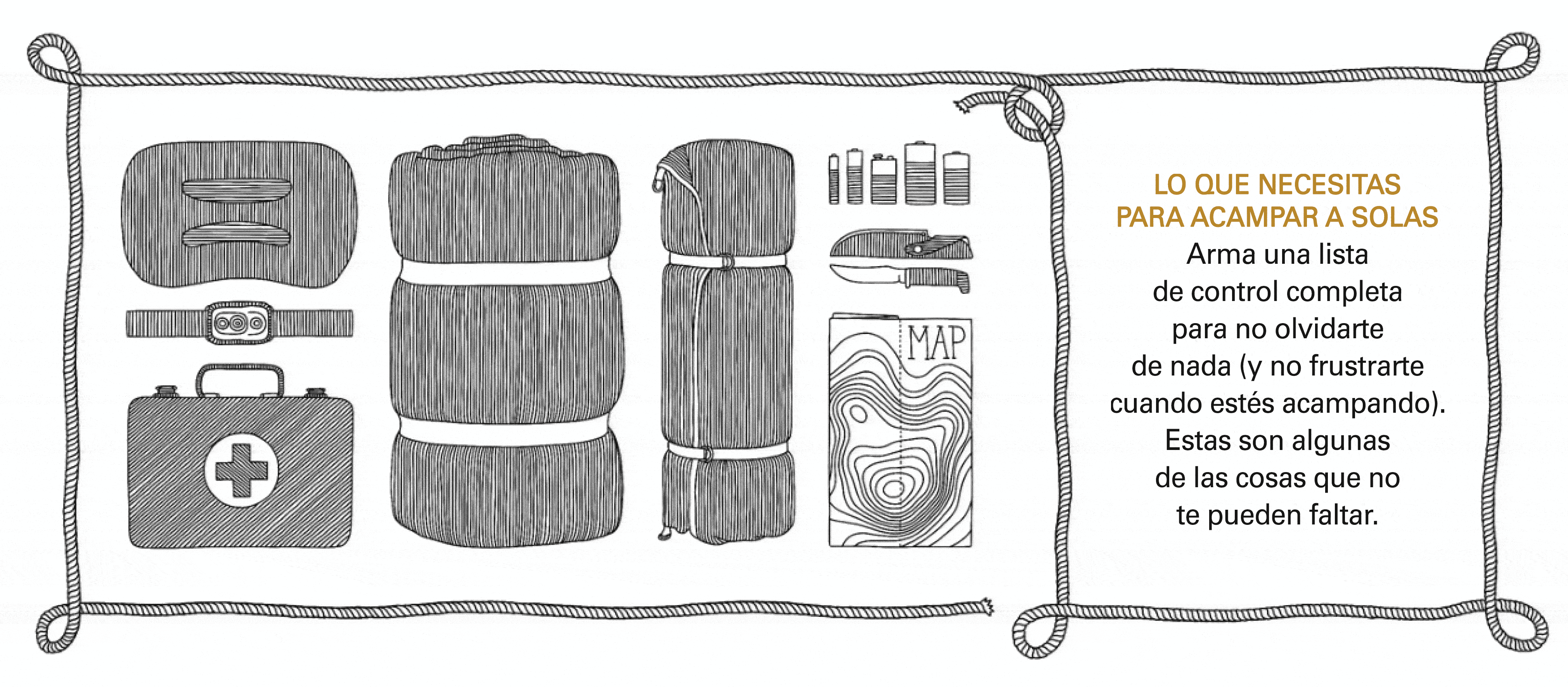 Una animación gif que detalla los distintos elementos del equipo que necesitas para acampar solo, como una bolsa de dormir, colchoneta, linterna de cabeza, kit de primeros auxilios, navaja, baterías y un mapa topográfico.