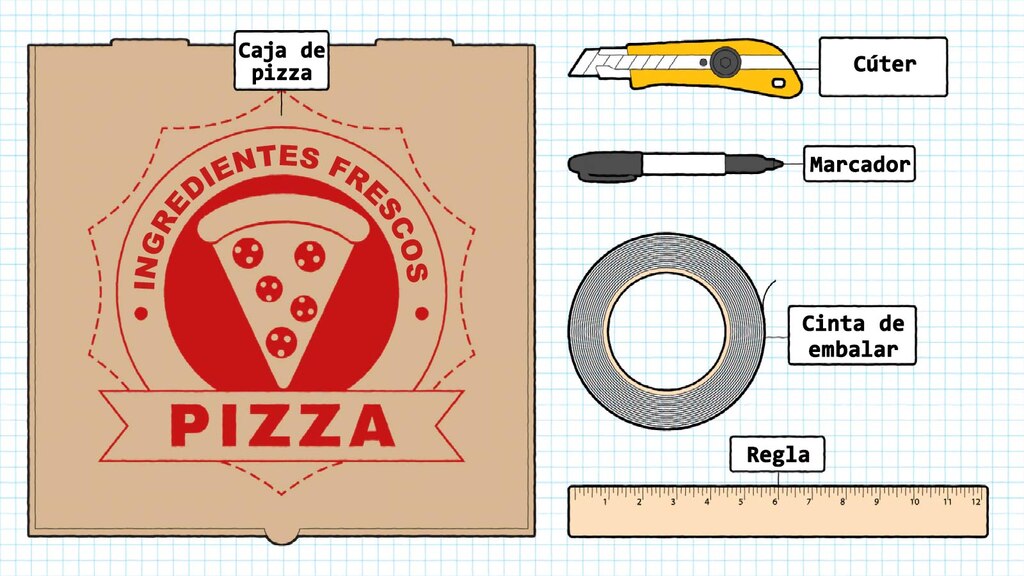 Una ilustración de los materiales necesarios para el búmeran, que incluyen una caja de pizza de cartón, un cúter, un marcador, un rollo de cinta de embalar y una regla.