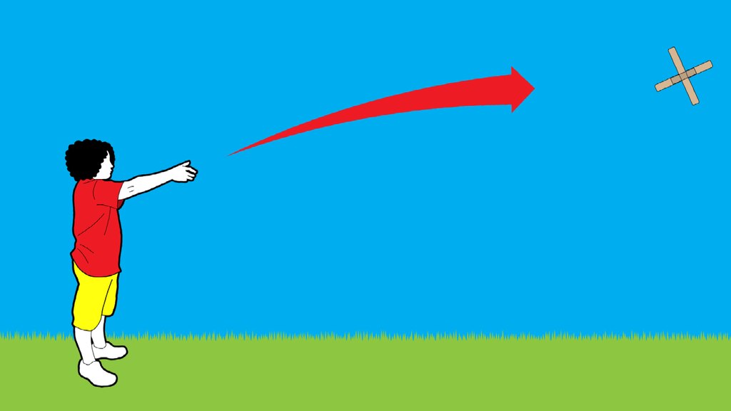 Una ilustración de una persona con su brazo derecho extendido después de lanzar un búmeran. El búmeran se aleja volando y una flecha roja grande muestra su movimiento.