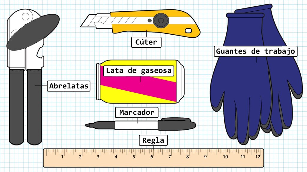 Una ilustración de los materiales necesarios para la lata de gaseosa voladora: una lata de gaseosa, un marcador, una regla, un par de guantes de trabajo, un cúter y un abrelatas.