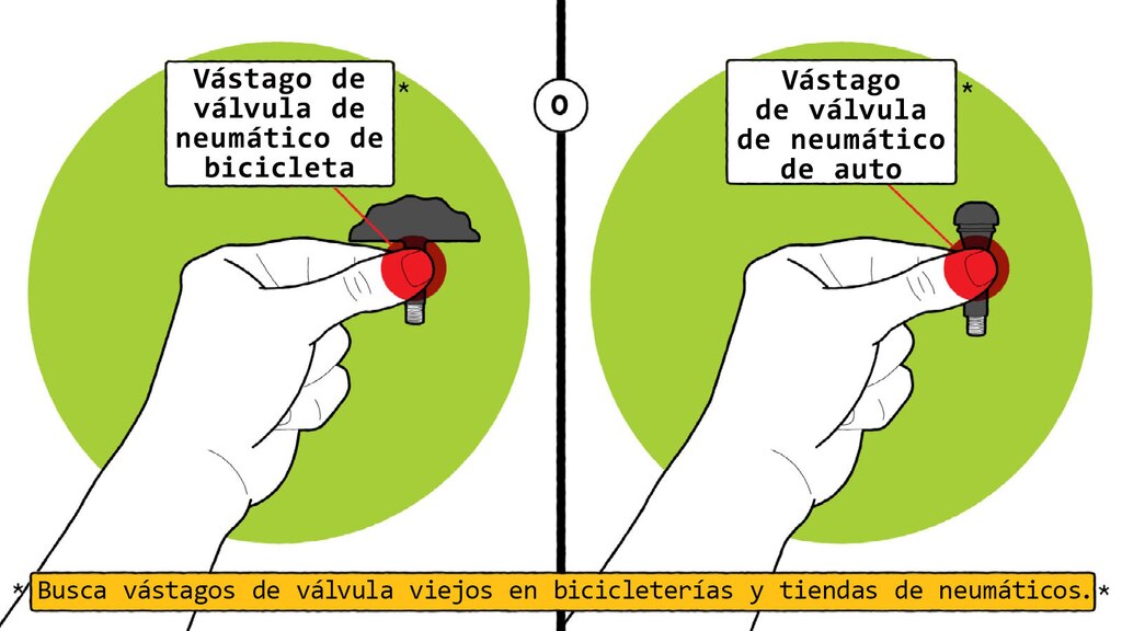 Dos ilustraciones, una de una mano sosteniendo un vástago de válvula de neumático de bicicleta y la otra de una mano sosteniendo un vástago de válvula de neumático de auto. El texto sobre ambas ilustraciones dice: "Busca vástagos de válvula viejos en bicicleterías y tiendas de neumáticos".