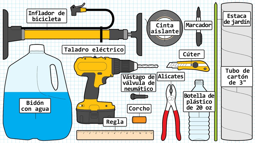 Una ilustración de un bidón con agua, un inflador de bicicleta, un taladro eléctrico, una regla de madera, un vástago de válvula de neumático de auto, un corcho, un par de pinzas, un rollo de cinta aislante, un cúter, una botella de plástico, un marcador, una estaca de jardín y un tubo de cartón.
