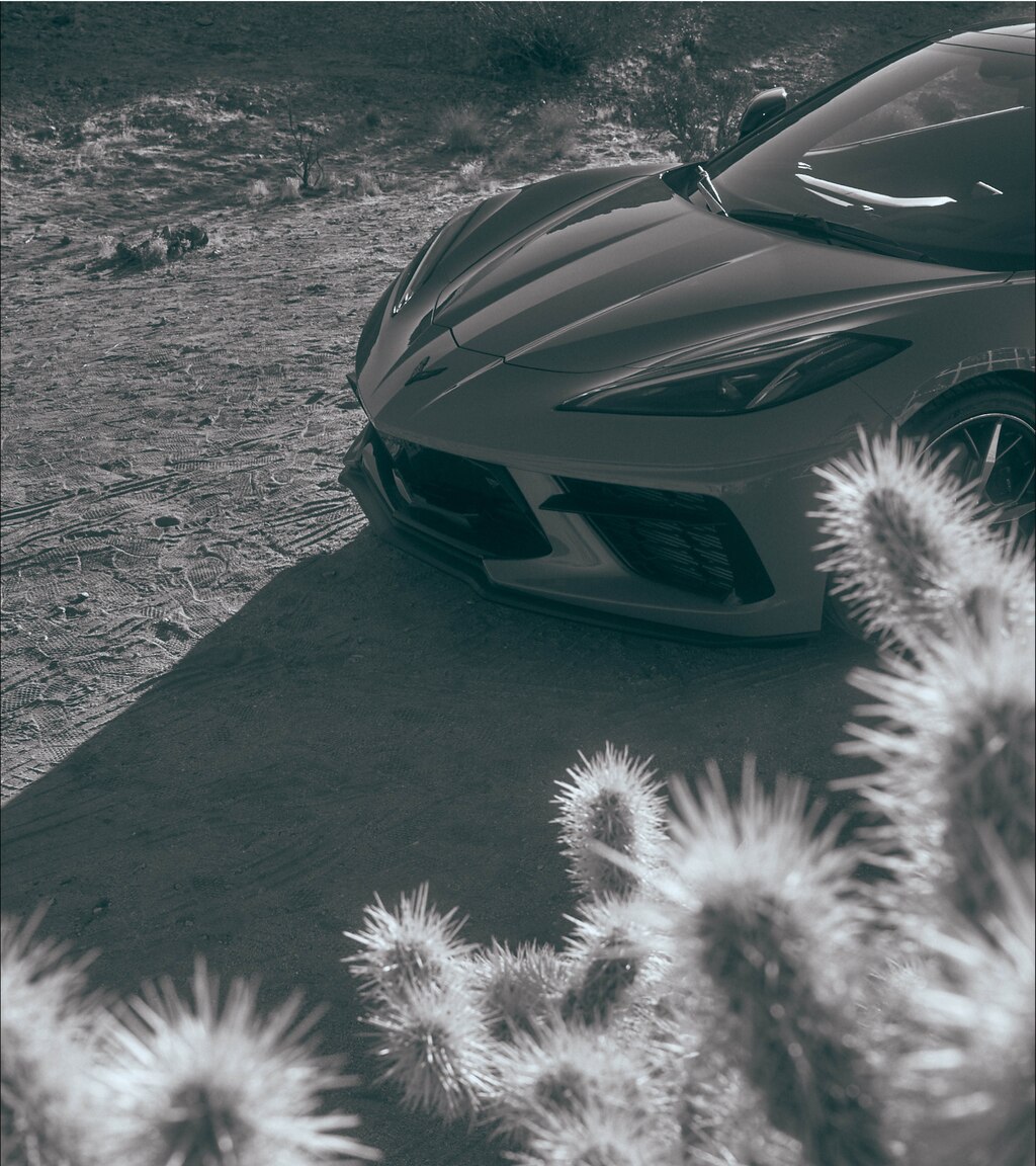 El frente de un Corvette 2020 en un entorno desértico con cactus en el fondo.