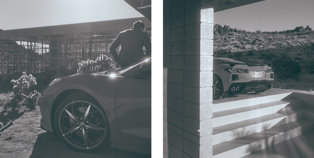 Dos fotos: A la izquierda, el frente de un Corvette 2020. A la derecha, la parte trasera del mismo auto.