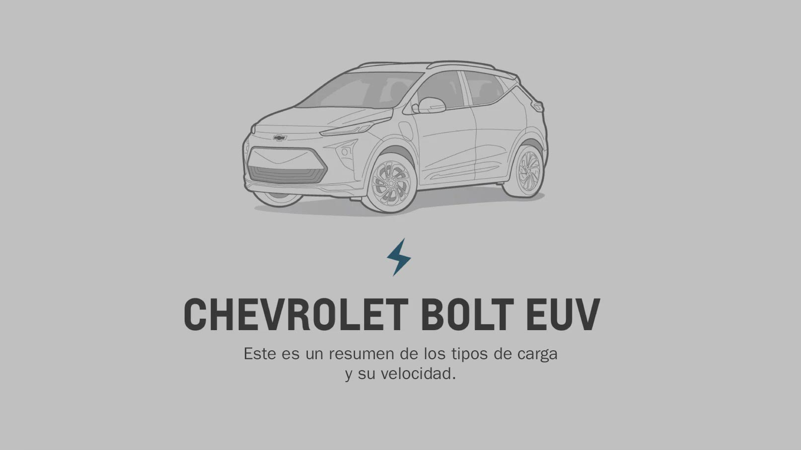 Aparece un dibujo de líneas de un Bolt EUV por encima de las palabras: Chevrolet Bolt EUV: a continuación, se detalla un resumen de los tipos de carga y su velocidad.