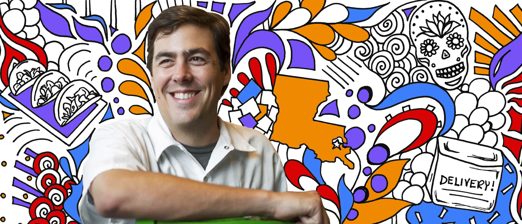 Una animación del chef Miles Landrem frente a un colorido mural ilustrado que desaparece pieza por pieza para revelar un mural en su restaurante de comida mexicana.