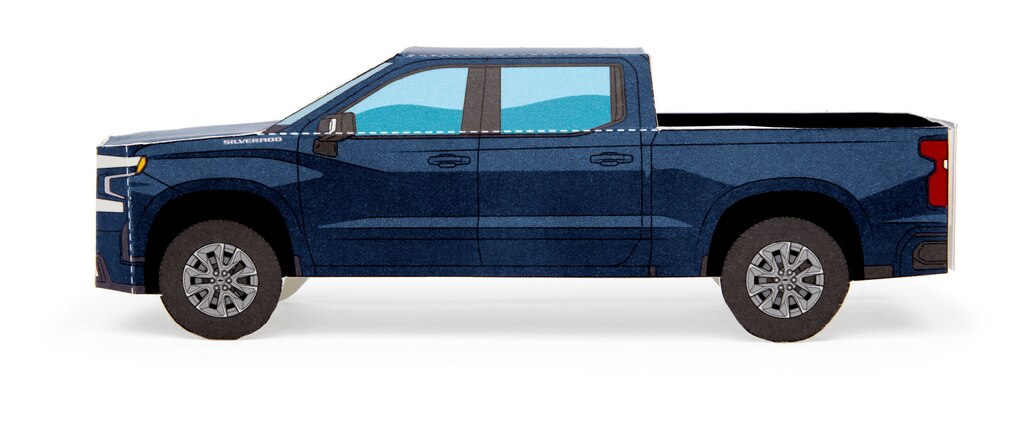 Un modelo en papel de una Silverado 2020 en Azul Cielo Norteño Metálico.
