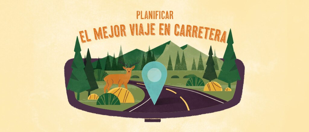 Una ilustración de un camino que pasa a través de un paisaje de montañas y árboles, con un ciervo al costado del camino. El texto sobre la imagen dice: Planificar el mejor viaje en carretera.
