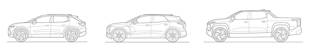 Una serie de dibujos de tres vehículos: la Equinox EV, la Blazer EV y la Silverado EV.