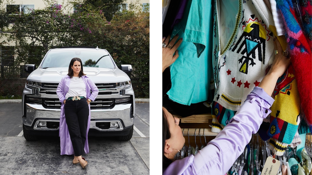 Dos fotos: A la izquierda, Beth Morgan de pie adelante de la Silverado LTZ 2020. A la derecha, Beth muestra un suéter colorido con un águila bordada en el frente.
