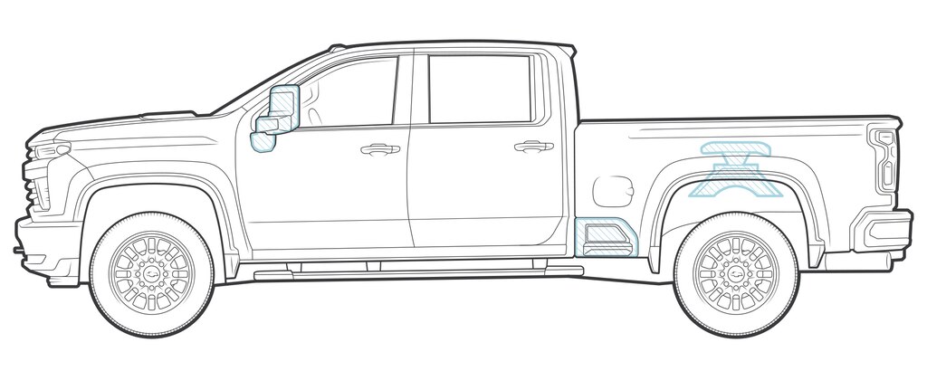 Una ilustración de una camioneta pickup Silverado HD totalmente nueva.