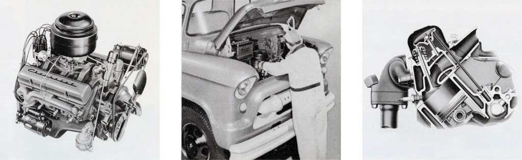 Ilustraciones de motores de un folleto de camionetas Chevy de 1955.