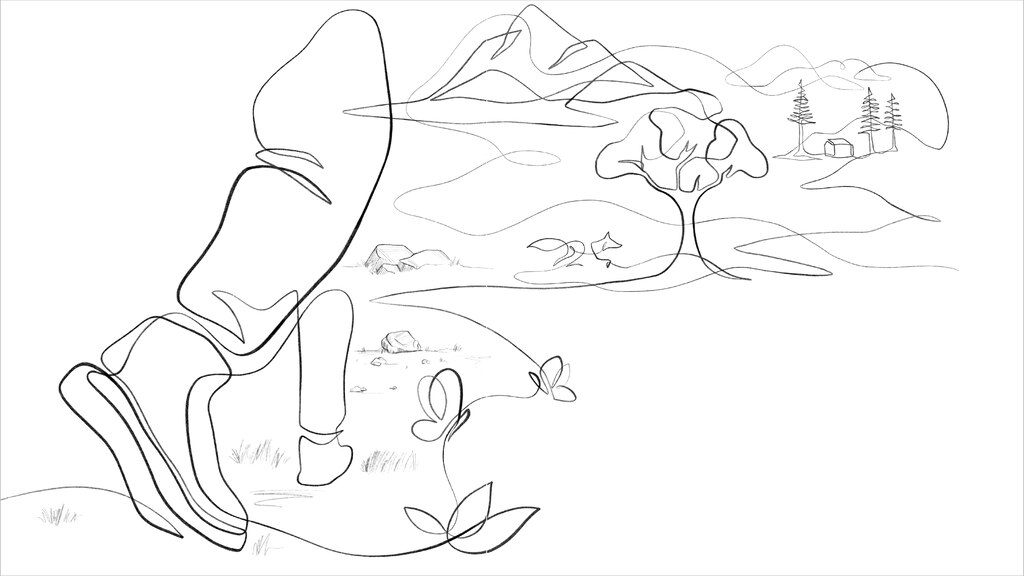 Un dibujo lineal en blanco y negro, hecho con lápiz, de las piernas y los pies de una persona adentrándose en un paisaje de árboles y montañas. El boceto se realiza trazando una única línea ininterrumpida.