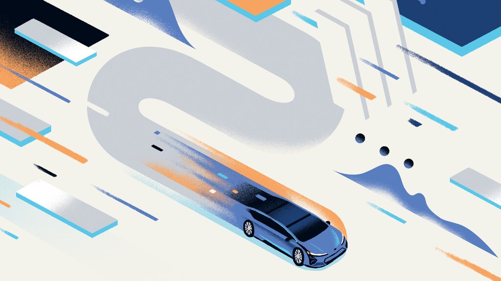 Ilustración colorida que muestra un vehículo en un camino con forma de S, además de otras formas abstractas.