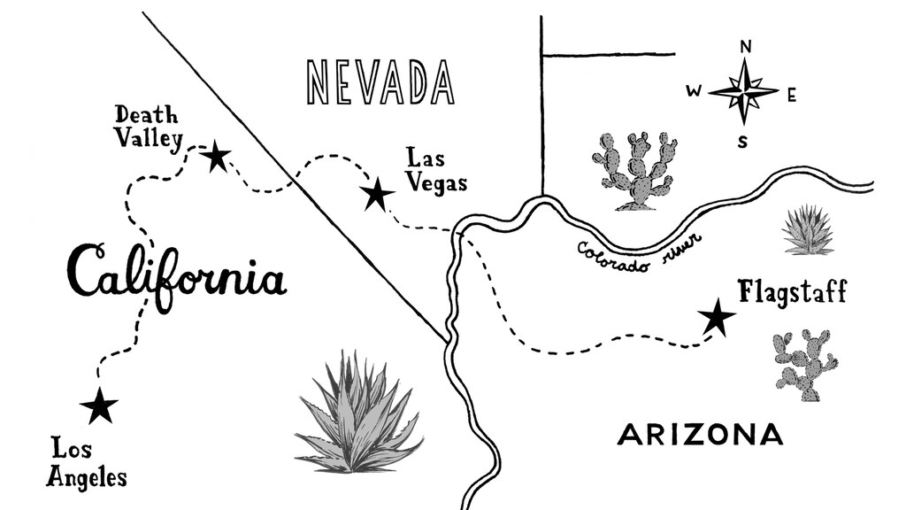 Mapa dibujado a mano que muestra la ruta de Los Ángeles a Las Vegas y a Flagstaff, con dibujos de cactus.