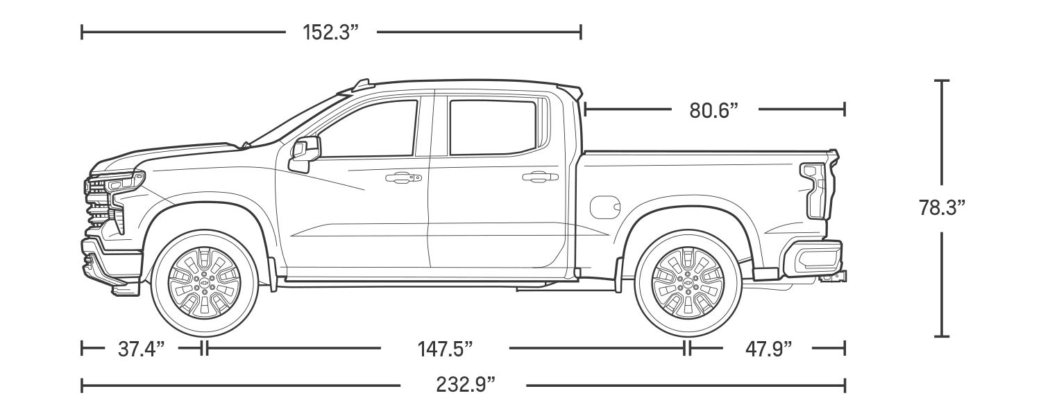 Diagrama de dimensiones de la cabina extendida de la camioneta Chevrolet Silverado 2024