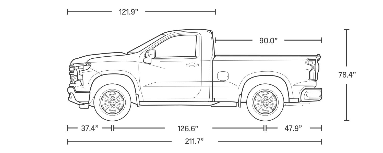 Dibujo de las dimensiones de la ​​​​​​​Silverado 2024 de cabina extendida