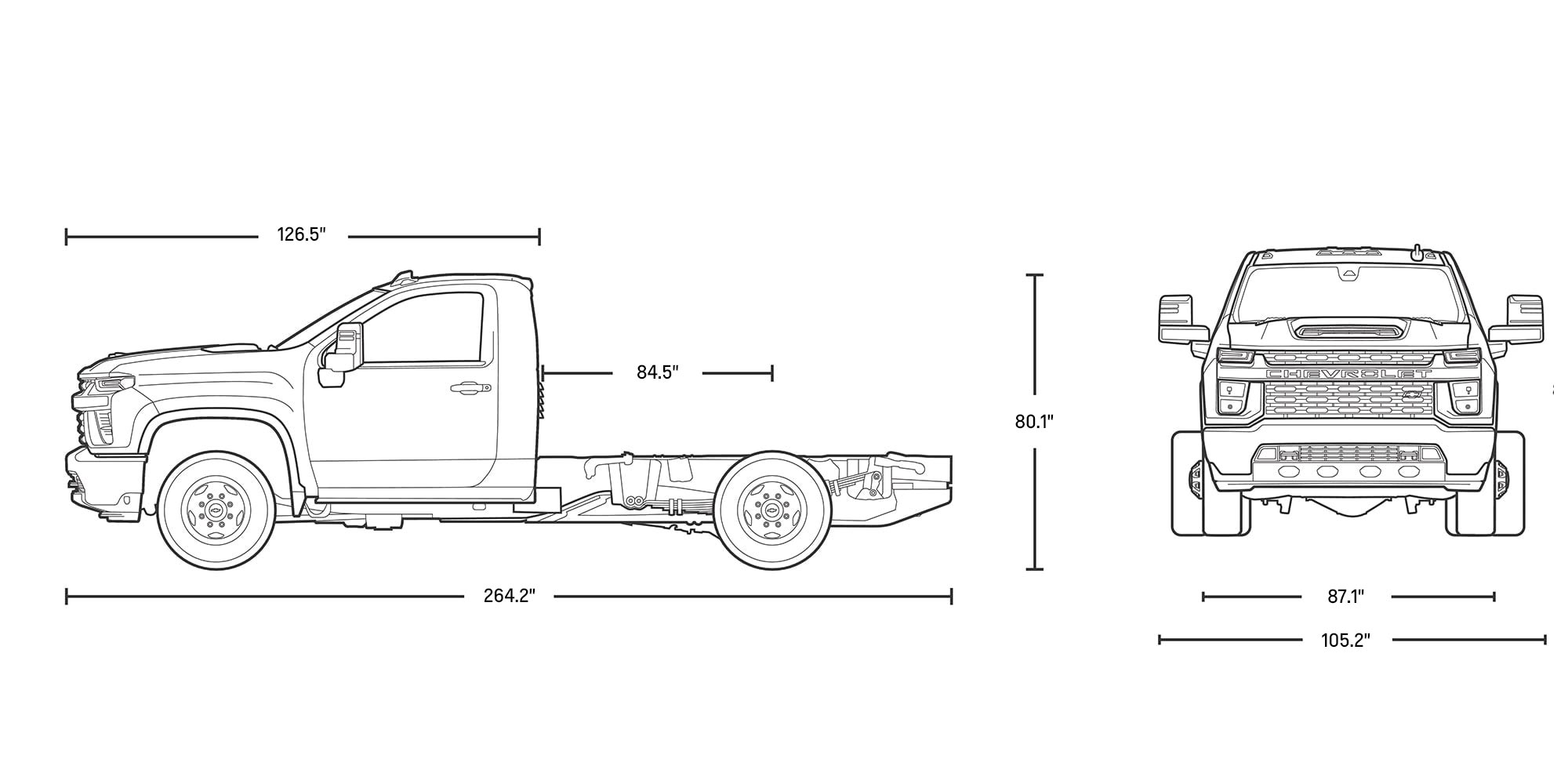 Diagrama de especificaciones de la Chevy Silverado 3500 HD de chasis con cabina 2025
