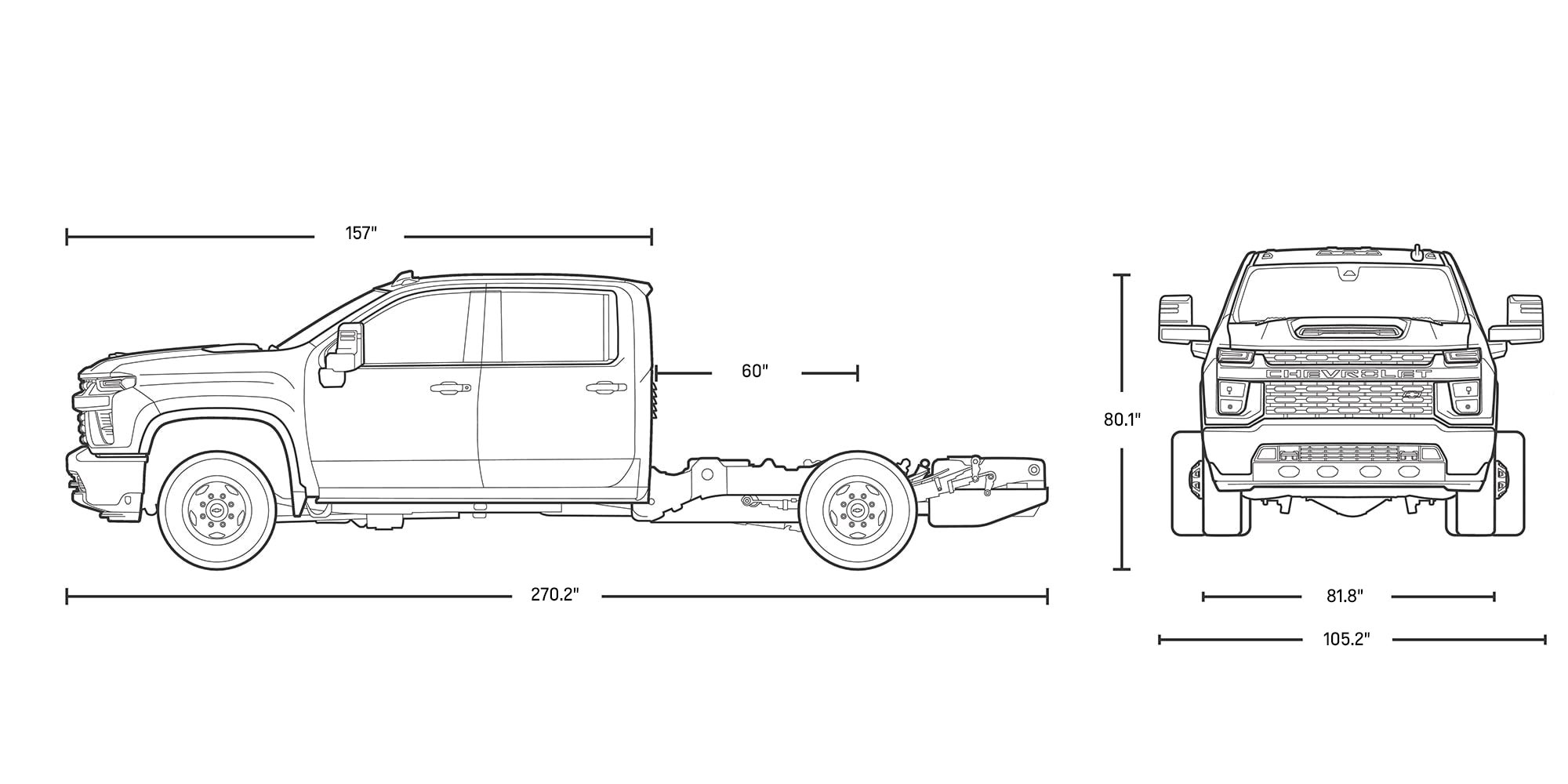 Diagrama de especificaciones de la Chevy Silverado 3500 HD de chasis con cabina 2025