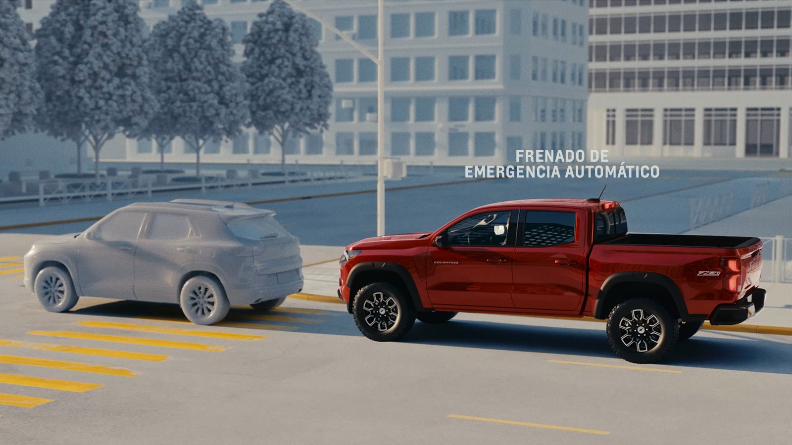 Miniatura de video de un entorno en 3D con una Chevy Colorado 2026 en Rojo detectando un vehículo adelante