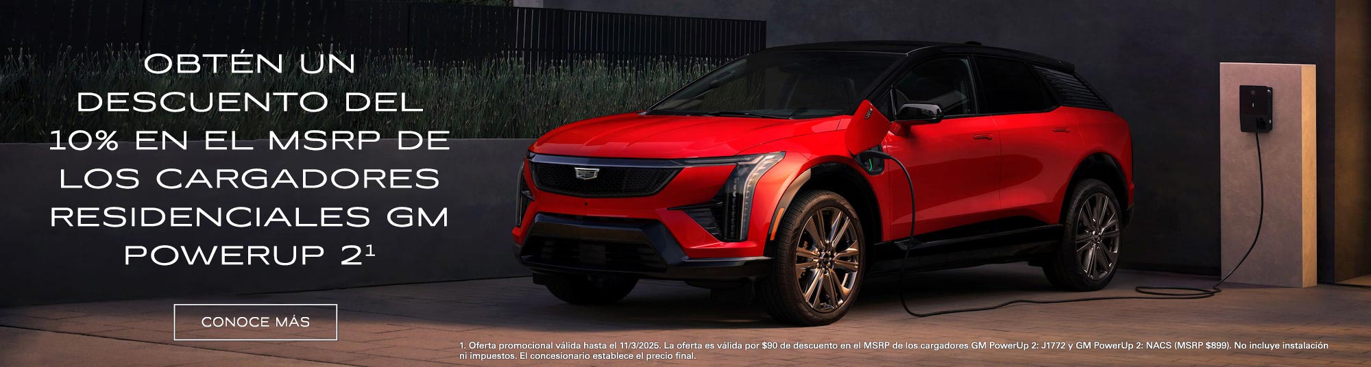 Vista de medio perfil de una Cadillac ESCALADE IQ 2025 estacionada bajo un hermoso cielo junto a un texto promocional de ofertas actuales