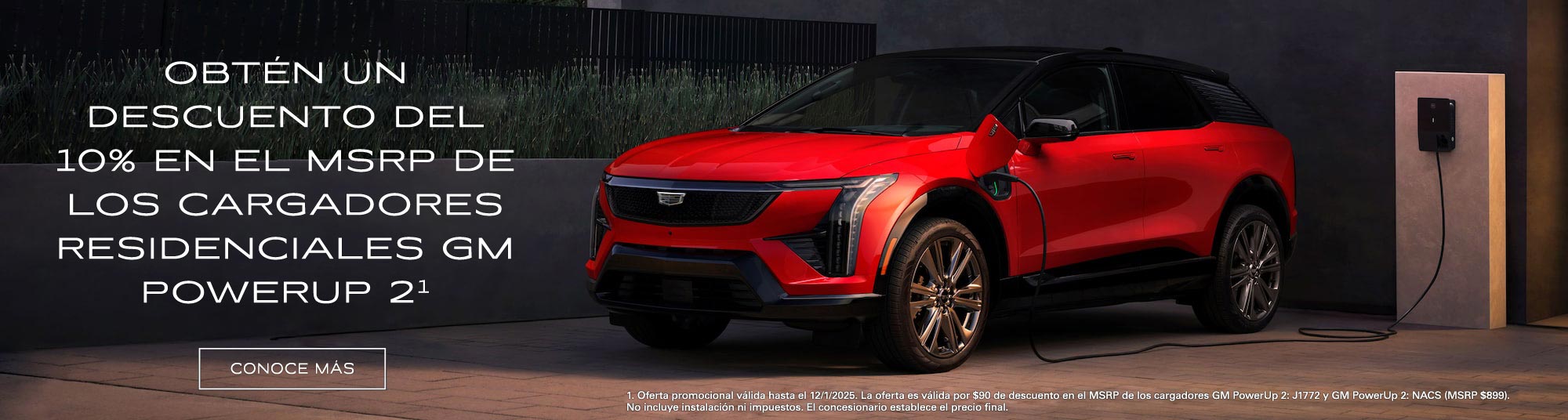 Vista de medio perfil de un Cadillac OPTIQ 2026 cargando junto con un texto promocional de las ofertas actuales para todos los modelos Cadillac