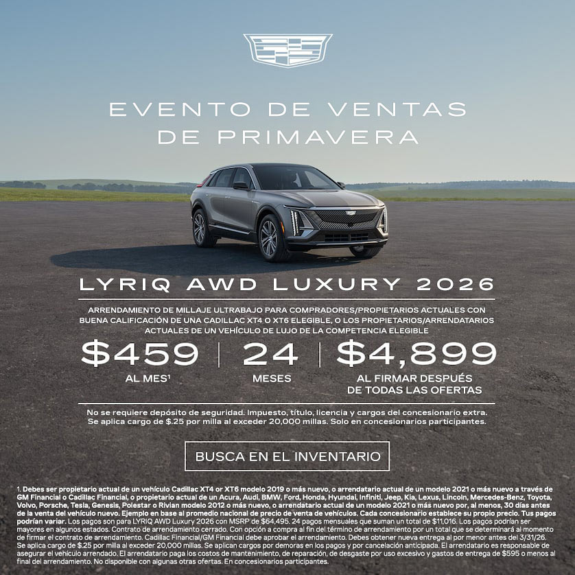 Vista de medio perfil de una Cadillac VISTIQ 2026 estacionada bajo un hermoso cielo junto a un texto promocional de ofertas actuales