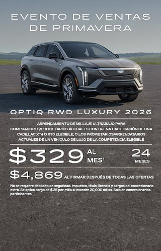 Arrendamiento de millaje ultrabajo para compradores/propietarios actuales con buena calificación de una Cadillac XT4 o XT6 elegible, o los propietarios/arrendatarios actuales de un vehículo de lujo de la competencia elegible. $329 al mes por 24 meses. $4,869 al firmar después de todas las ofertas. No se requiere depósito de seguridad. Impuesto, título, licencia y cargos del concesionario extra. Se aplica cargo de $0.25 por milla al exceder 20,000 millas. Solo en concesionarios participantes.