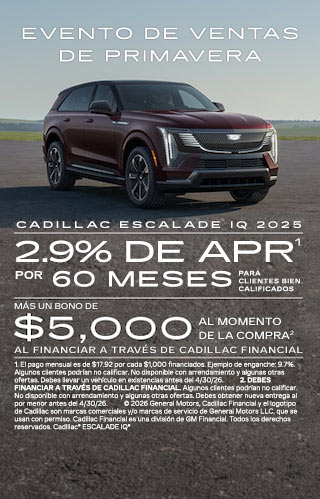 APR del 2.9% por 60 meses para compradores con buena calificación, más bono de compra de $5,000 al financiar a través de Cadillac Financial.