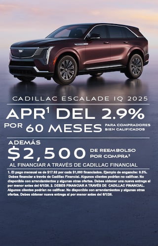 APR del 2.9% por 60 meses para compradores con buena calificación, más bono de compra de $2,500 al financiar a través de Cadillac Financial.