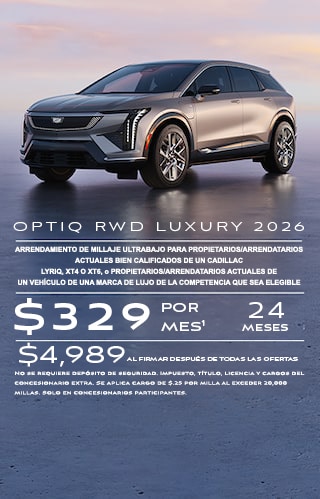 Arrendamiento de millaje ultrabajo para propietarios/arrendatarios actuales bien calificados de un Cadillac LYRIQ, XT4 o XT6 elegible, o propietarios/arrendatarios actuales de un vehículo de marcas de lujo de la competencia que sea elegible. $329 por mes durante 24 meses. $4,989 al firmar después de todas las ofertas. No se requiere depósito de seguridad. Impuesto, título, licencia y cargos del concesionario extra. Se aplica cargo de $0.25 por milla al exceder 20,000 millas. Solo en concesionarios participantes.