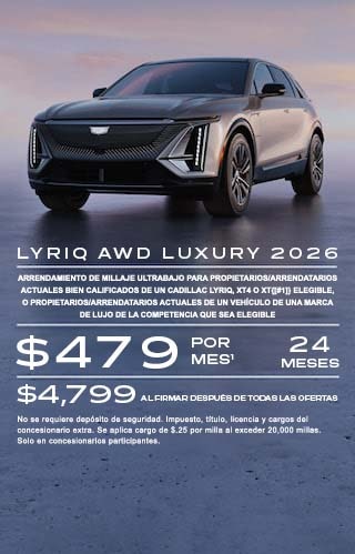 Arrendamiento de millaje ultrabajo para propietarios/arrendatarios actuales bien calificados de un Cadillac LYRIQ, XT4 o XT6 elegible, o propietarios/arrendatarios actuales de un vehículo de marcas de lujo de la competencia que sea elegible. $479 por mes durante 24 meses. $4,799 al firmar después de todas las ofertas. No se requiere depósito de seguridad. Impuesto, título, licencia y cargos del concesionario extra. Se aplica cargo de $0.25 por milla al exceder 20,000 millas. Solo en concesionarios participantes.