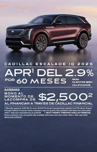 APR del 2.9% por 60 meses para compradores con buena calificación, más bono de compra de $2,500 al financiar a través de Cadillac Financial.