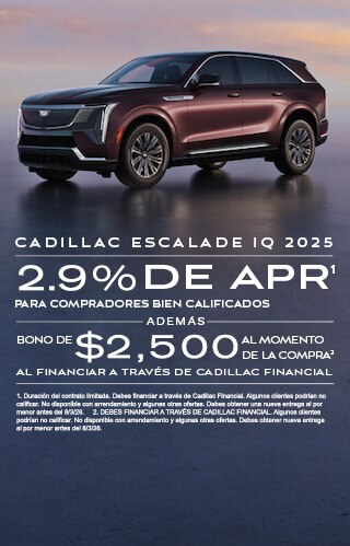 APR del 2.9% por 60 meses para compradores con buena calificación, más bono de compra de $2,500 al financiar a través de Cadillac Financial.