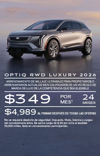 Arrendamiento de millaje ultrabajo para propietarios/arrendatarios actuales bien calificados de un Cadillac LYRIQ, XT4 o XT6 elegible, o propietarios/arrendatarios actuales de un vehículo de marcas de lujo de la competencia que sea elegible. $349 por mes durante 24 meses. $4,989 al firmar después de todas las ofertas. No se requiere depósito de seguridad. Impuesto, título, licencia y cargos del concesionario extra. Se aplica cargo de $0.25 por milla al exceder 20,000 millas. Solo en concesionarios participantes.