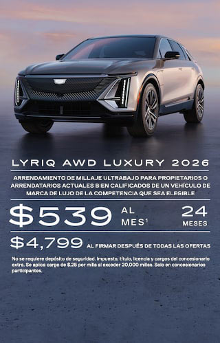 Arrendamiento de millaje ultrabajo para propietarios/arrendatarios actuales bien calificados de un Cadillac LYRIQ, XT4 o XT6 elegible, o propietarios/arrendatarios actuales de un vehículo de marcas de lujo de la competencia que sea elegible. $539 por mes durante 24 meses. $4,799 al firmar después de todas las ofertas. No se requiere depósito de seguridad. Impuesto, título, licencia y cargos del concesionario extra. Se aplica cargo de $0.25 por milla al exceder 20,000 millas. Solo en concesionarios participantes.