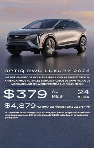 Arrendamiento de millaje ultrabajo para propietarios/arrendatarios actuales bien calificados de un Cadillac LYRIQ, XT4 o XT6 elegible, o propietarios/arrendatarios actuales de un vehículo de marcas de lujo de la competencia que sea elegible. $379 por mes durante 24 meses. $4,879 al firmar después de todas las ofertas. No se requiere depósito de seguridad. Impuesto, título, licencia y cargos del concesionario extra. Se aplica cargo de $0.25 por milla al exceder 20,000 millas. Solo en concesionarios participantes.