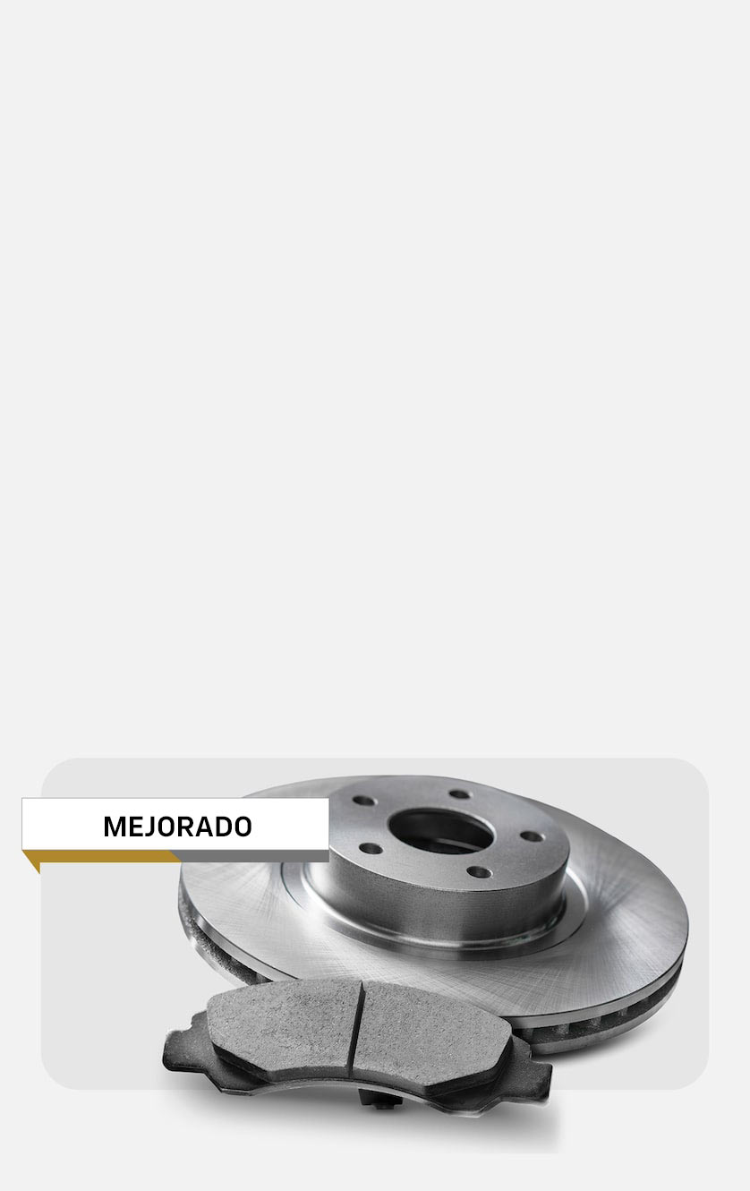 Componentes de rotor de freno y balatas con una etiqueta que dice "MEJORADOS".